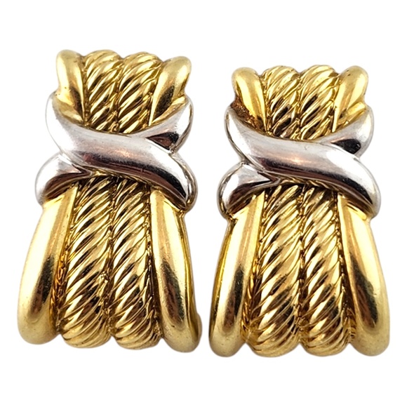 David Yurman 14K Yellow & White Gold Large Cable X Earrings Omega Backs #18411 - Picture 1 of 10